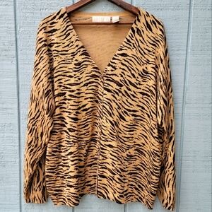 Elisabeth Liz Clairborne 100% Silk Animal Print Cardigan size 2X Tan Black